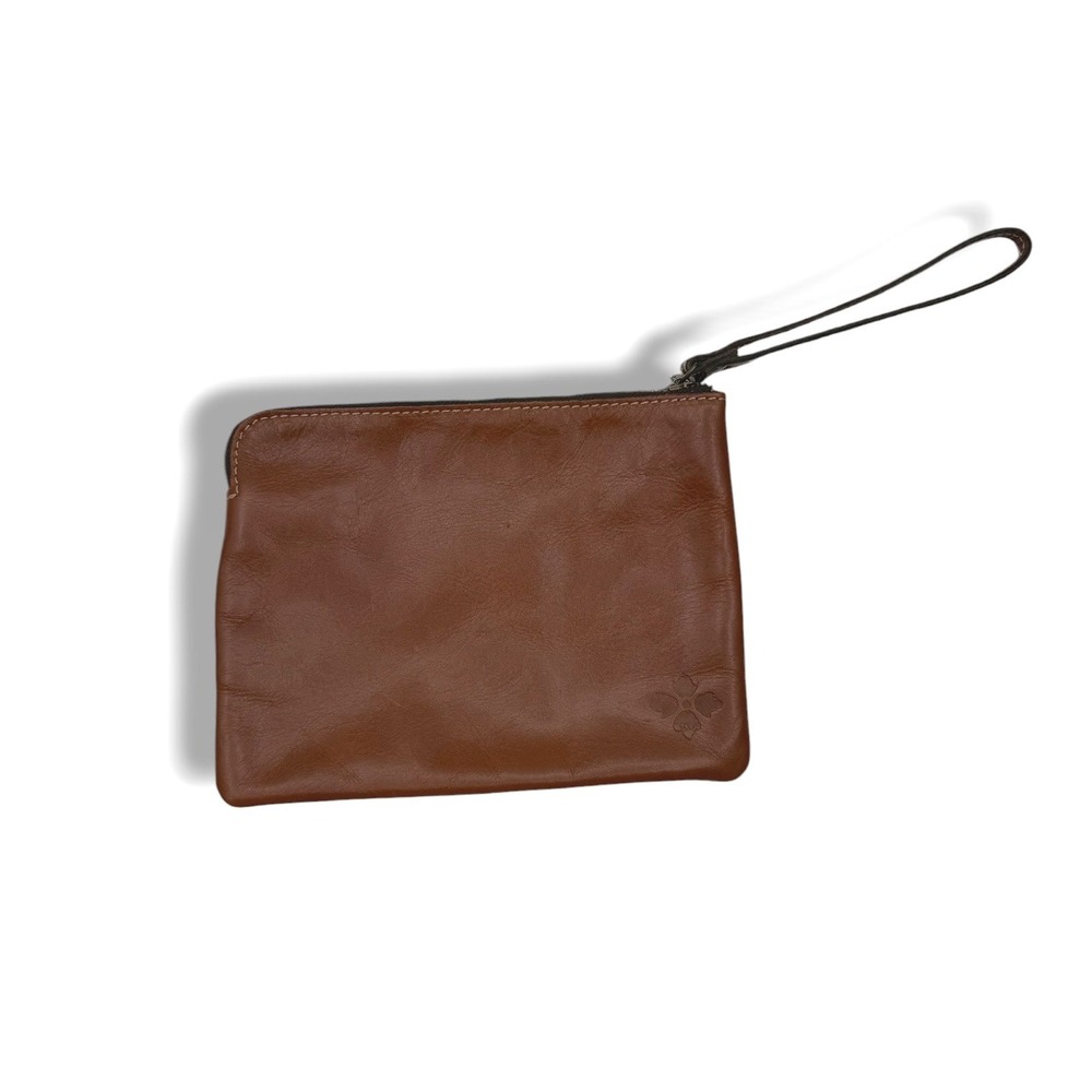 Patricia Nash Wristlet Women Cognac Brown Leather Zip Clutch Pouch Embossed Logo